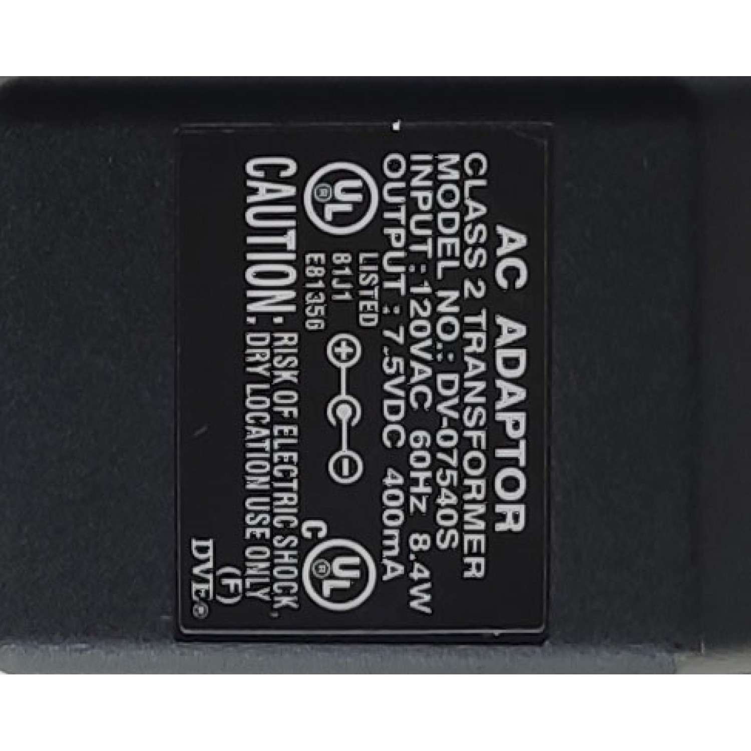 ADAPTADOR AC / NUMERO DE PARTE DV-07540S / INPUT: 120 VAC 60HZ 8.4W / OUTPUT: 7.5 VDC 400mA	 - Imagen 2